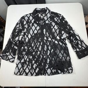 Samuel Dong Womens Black White Abstract Sheer Lattice Ribbon Zip Front Jacket